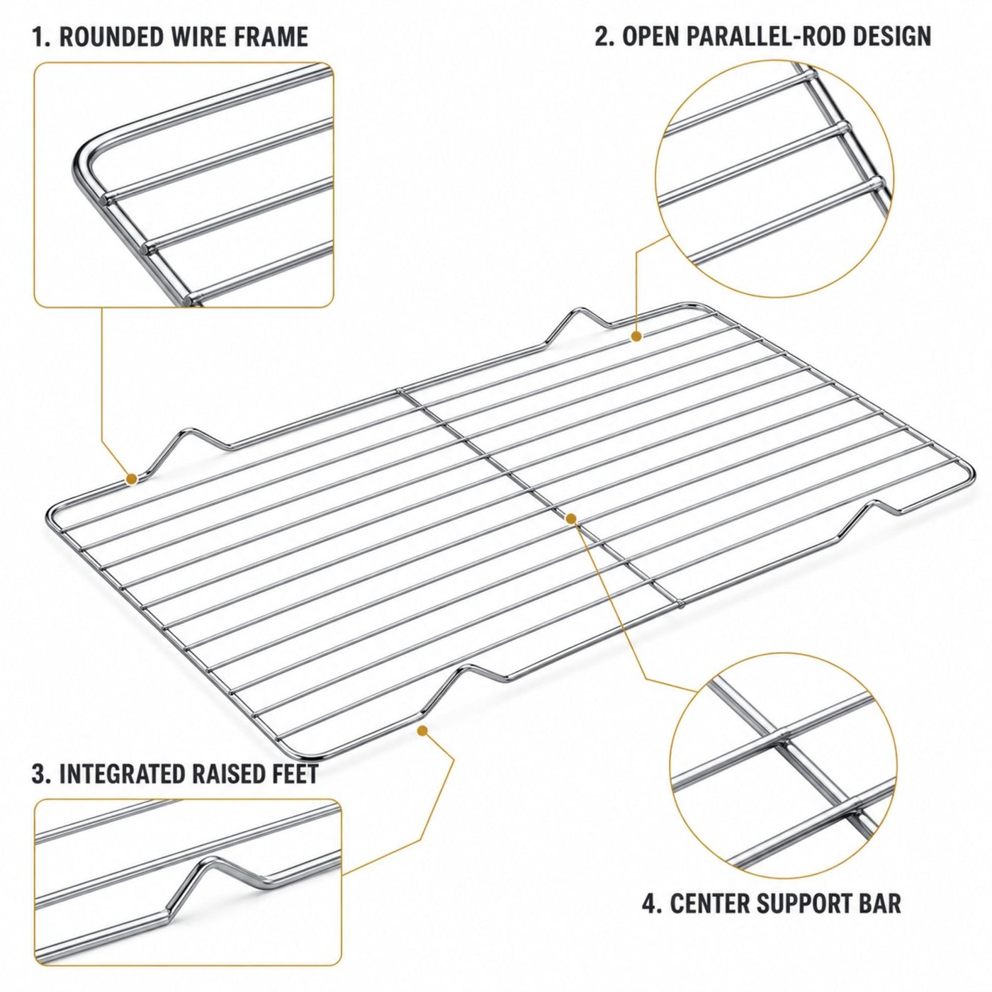 Rounded frame, parallel wires, raised feet, and center support